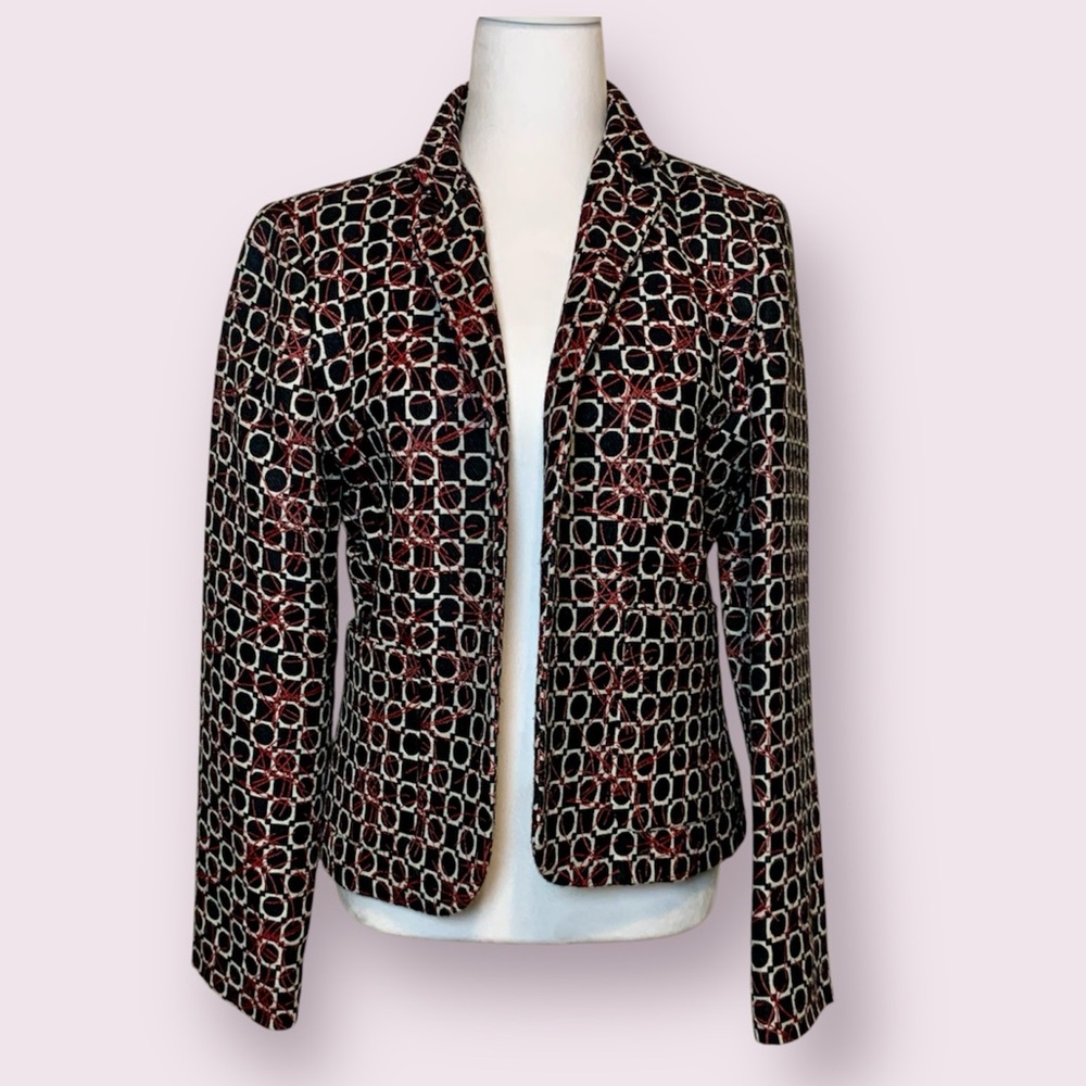 Vintage Austin Reed Geo Print Blazer Jacket Short Waisted Black White Red Size 6